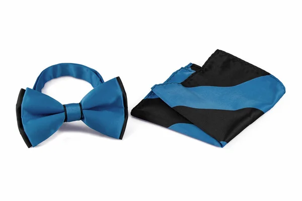 Set Stylish Man Black Blue Pocket Handkerchief Bow Tie Isolated — 图库照片