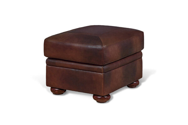 Brown leather padded stool with round wooden legs isolated on white background. Series of furniture
