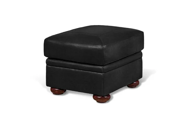 黑色皮革填充物凳子 木制圆腿 白色背景隔离 家具系列 — 图库照片