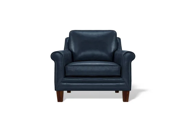 海军蓝色豪华皮革经典扶手椅 木制腿隔离在白色背景 家具系列 — 图库照片