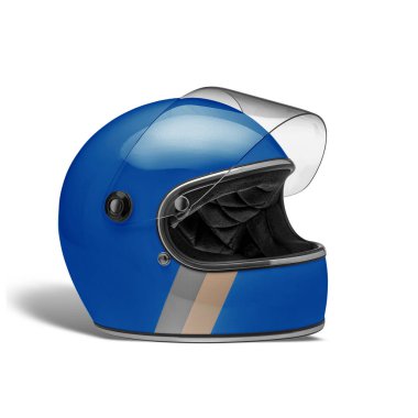 Mavi, gri ve turuncu çizgili motosiklet kaskı açık güneşlik beyaz arka planda izole edilmiş.