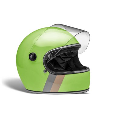 Kireç yeşili, gri ve turuncu çizgili motosiklet kaskı açık vizör beyaz arka planda izole edilmiş.