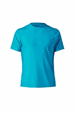 Gök mavisi düz kısa kollu pamuklu tişört beyaz arka planda izole edilmiş. Şık, yuvarlak yakalı bir gömlek. Hayalet manken fotoğrafçılığı