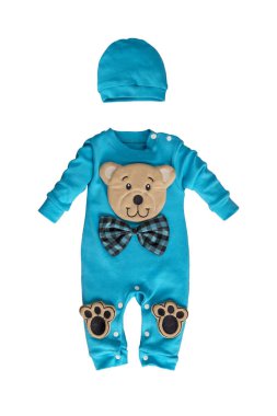 Oyuncak ayılı bebek mavisi kıyafetler ve beyaz arka planda izole edilmiş kareli papyon, yeni doğan çocuklar için kıyafetler.