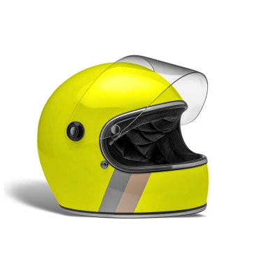 Gri ve turuncu çizgili sarı motosiklet kasklı açık güneşlik beyaz arka planda izole edilmiş.