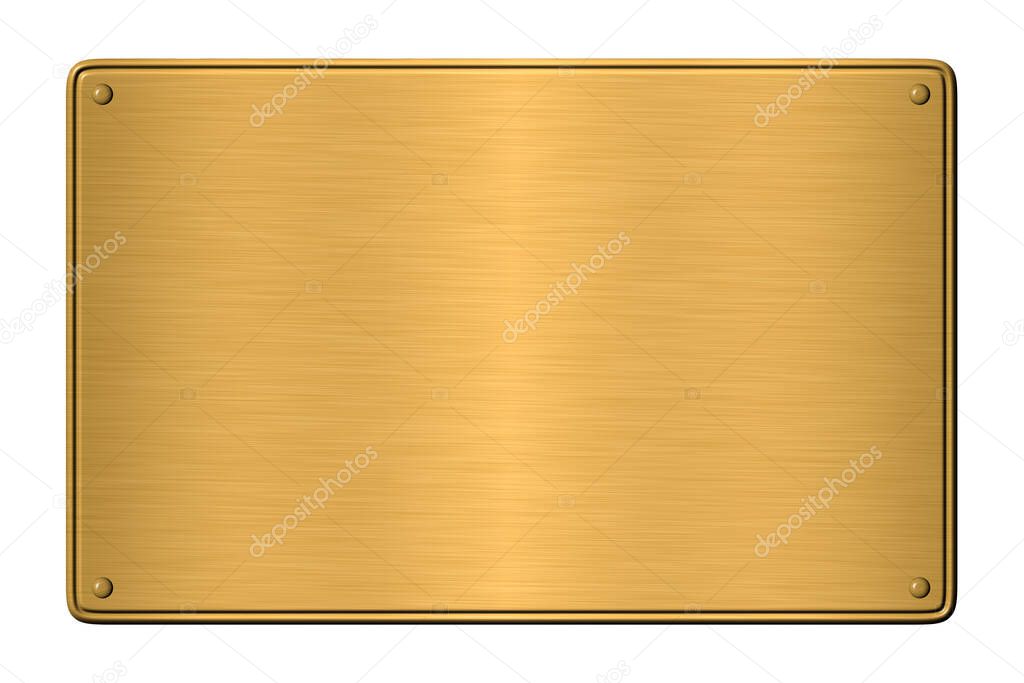 Blank gold plaque or plate with rivets isolated on white background for text and design