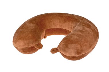 Seyahat eden kahverengi boyun yastığı genellikle beyaz arka planda izole edilmiş uçaklarda kullanılır.