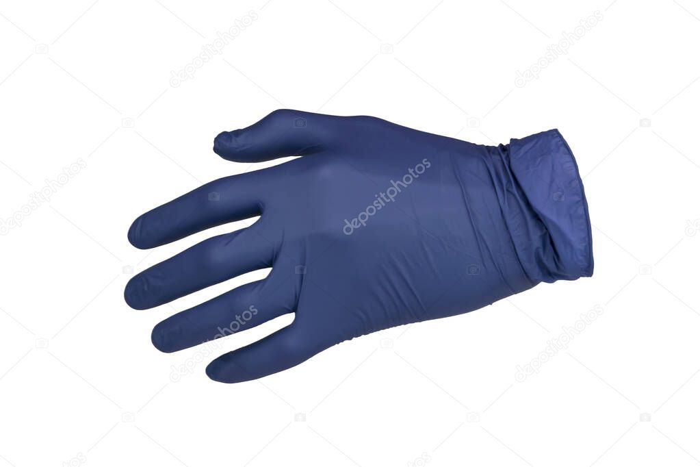 Doctor's hand in blue nitrile medical latex natural rubber examination glove isolated on white background