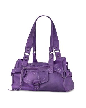 Zarif mor deri kadın çantası. Beyaz arka planda izole edilmiş modaya uygun bir kadın çantası.