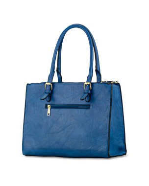 Şık mavi deri, zarif kadın çantası. Beyaz arka planda izole edilmiş modaya uygun bir kadın çantası.