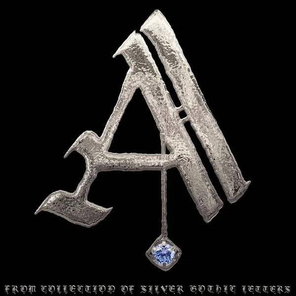 Silver letter A in Gothic style decorated with blue diamond isolated on black background with clipping path. 3D rendering. From platinum Gothic Latin ancient alphabet collection for text and design