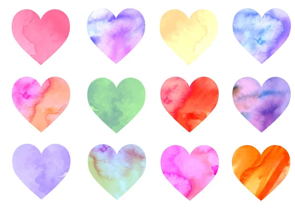 Colorful set of watercolor hearts- set of 16 — Stock Vector