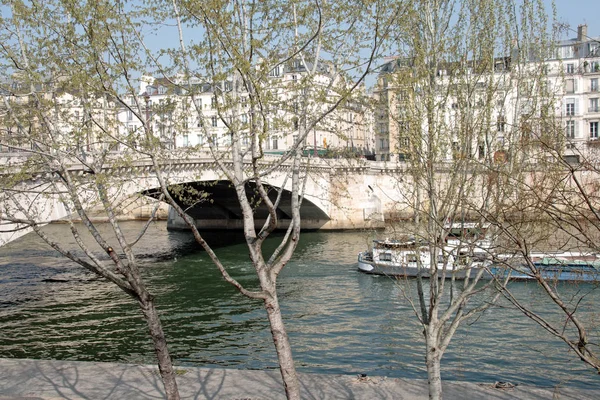 Orillas del Sena, árboles y barcazas (París Francia ) — Foto de Stock