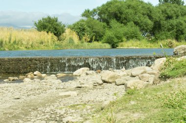 Bir akış, ağaçlar ve kayalar ile manzara.