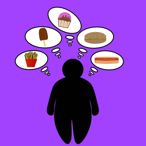 Obese man thinking about junk food. — Stock Vector