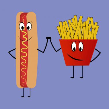 Sosisli sandviç ve patates kızartması elele.