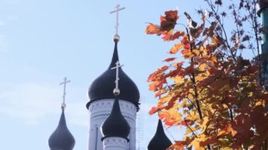 Kilise, mavi gökyüzüne karşı Altın akçaağaç yaprakları arasında rüzgarda sallanıyor.