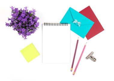 Kalem ile beyaz arka plan üzerinde beyaz dizüstü bilgisayar. Atölye. Yukarıdan görüntülemek.