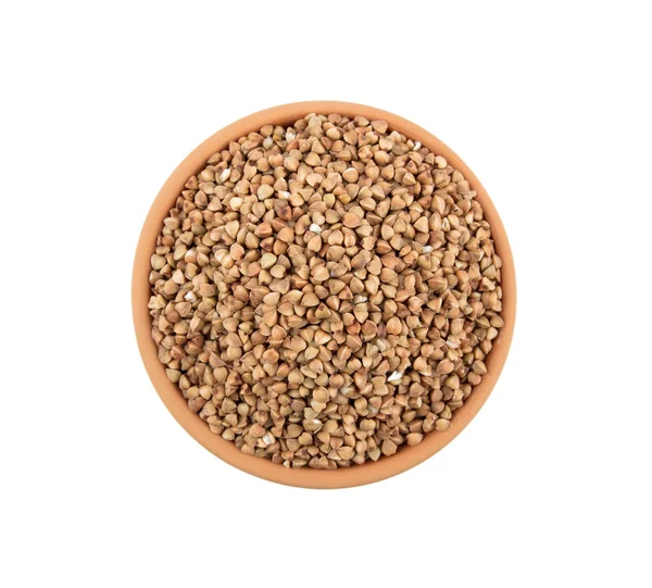 Karabuğday, tahıl, toplu beyaz arka plan üzerinde izole bir toprak kap içinde top Üstten Görünüm.