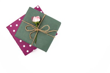 Hediye kutusu Şakayık çiçeği ile. Bud. Yeşil mavi olduğunu. Beyaz arka plan üzerinde izole. Yukarıdan görüntüleyin. Görünümü üst. Düz yatıyordu.