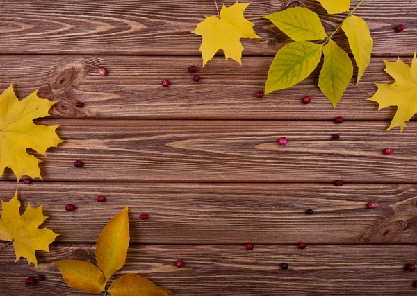 Renkli yaprakları ve ahşap kahverengi tahta üzerinde kırmızı meyveler ile sonbahar arka plan.