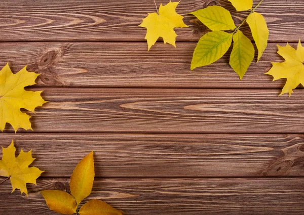 Ahşap kahverengi tahta üzerinde renkli yaprakları ile sonbahar arka plan.