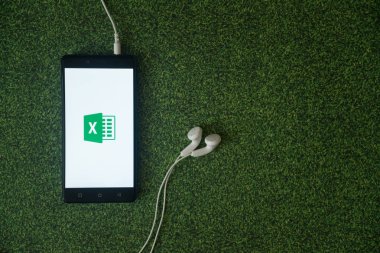 Microsoft office excel logosu smartphone ekranında yeşil çim zemin üzerine.