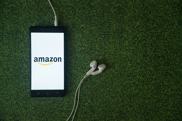 Amazon logo on smartphone screen on green grass background. — Stock Photo, Image