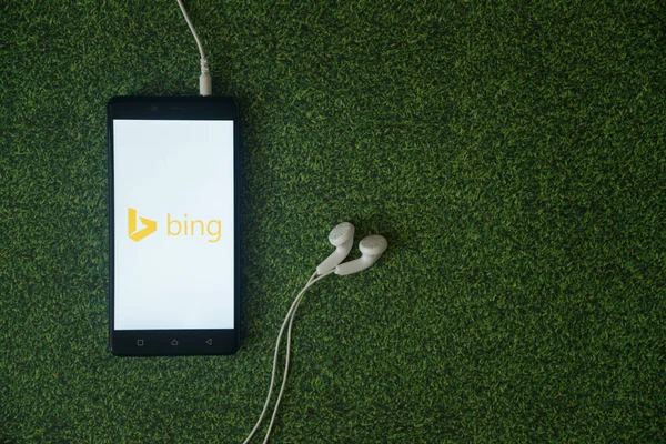 Logotipo de Microsoft bing en la pantalla del teléfono inteligente en fondo de hierba verde . —  Fotos de Stock