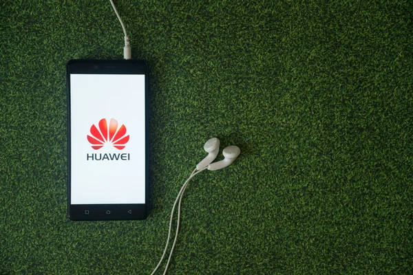 Логотип Huawei на экране смартфона на зеленом фоне травы . — стоковое фото