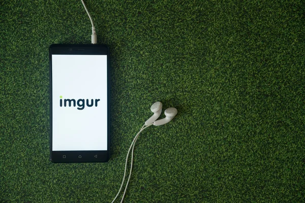 緑の草の背景にスマート フォンの画面に Imgur ロゴ. — ストック写真