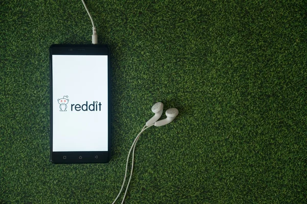 Reddit logo on smartphone screen on green grass background. — Stock Photo, Image