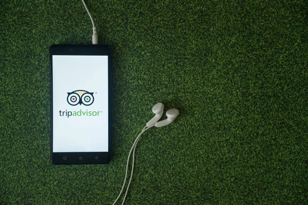 Логотип Tripadvisor на экране смартфона на зеленом фоне травы . — стоковое фото