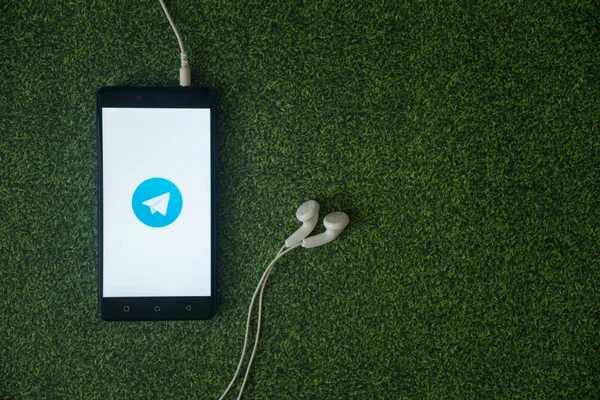 Логотип Telegram на экране смартфона на зеленом фоне травы . — стоковое фото