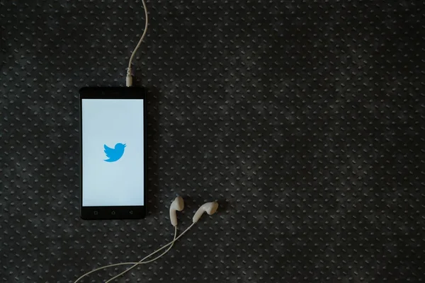 Logo de Twitter en la pantalla del teléfono inteligente sobre fondo de placa metálica . — Foto de Stock