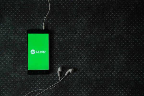 Spotify logo na ekranie smartfona na tle blachy. — Zdjęcie stockowe