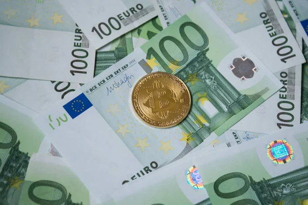 Bitcoin Φόντο Λογαριασμούς Εκατό Ευρώ — Φωτογραφία Αρχείου