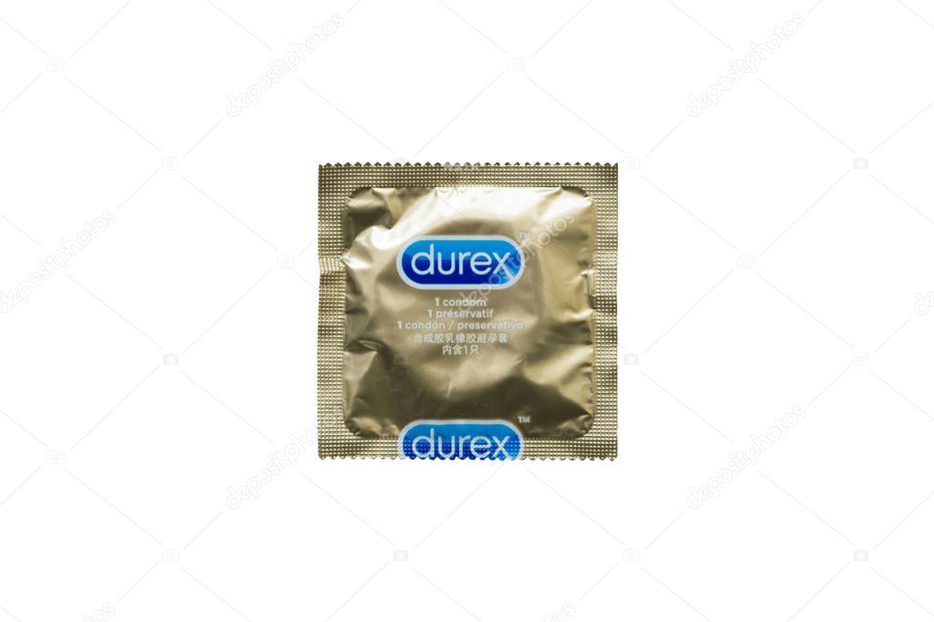 Nitra, January 5, 2018: Durex condom isolated on white. Durex is the trademarked name for a range of condoms that were made by United Kingdom-based SSL International.