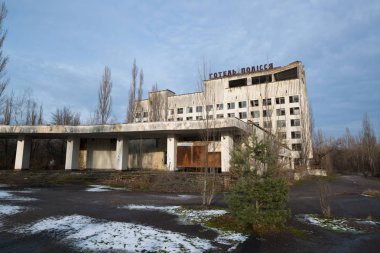 Çernobil, Ukrayna, 1 Şubat 2018: Polissya Hotel Chernobyl dışlama bölgesi, Ukrayna