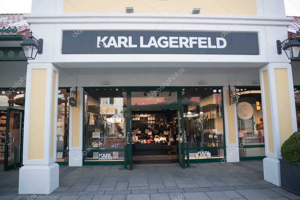 Parndorf, Austria, february 15, 2018: Karl Lagerfeld store in Parndorf, Austria. Karl Lagerfeld is a clothing company founded by german creative director, artist, and photographer Karl Lagerfeld.