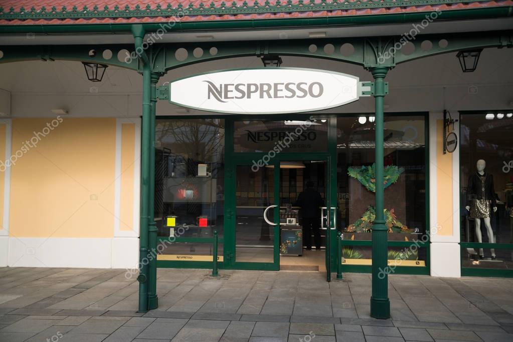 Parndorf, Austria, february 15, 2018: Nespresso store in Parndorf, Austria. Nespresso is the brand name of Nestle Nespresso S.A., an operating unit of the Nestle Group, based in Lausanne, Switzerland.