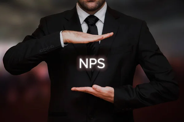 Net Promoter Score Nps Concept Text Hands Businessman Blurry Bokeh — Stock Photo, Image