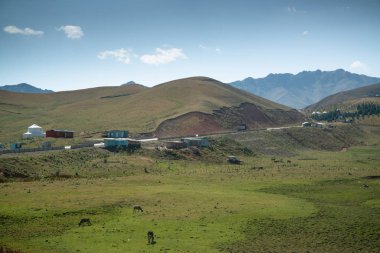 House and yurts on road trip from Osh Kyrgyzstan to Tajikistan through the Pamir highway