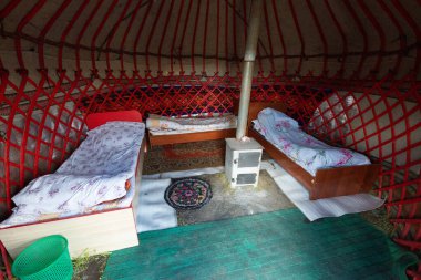 Kyrgyzstan, Pamir, circa august 2019: Interior of simple yurt in Pamir, Kyrgyzstan, the way to Pamir highway in Tajikistan