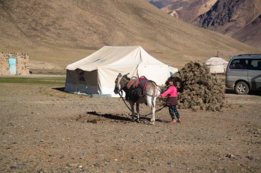 Pamir otoyolu, Tacikistan, Ağustos 2019: Pamir otoyolu yakınlarındaki Tacikistan köyünde halk
