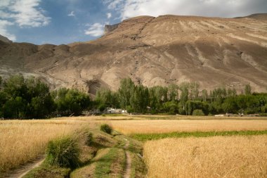 Tacikistan 'daki Pamir otoyolundaki köydeki dağlara bak.