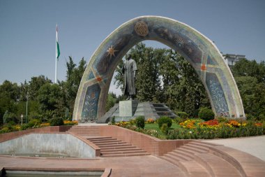 Dushanbe, Tajikistan, circa september 2019: Statue of the famous Persian poet Rudaki in Rudaki Park.