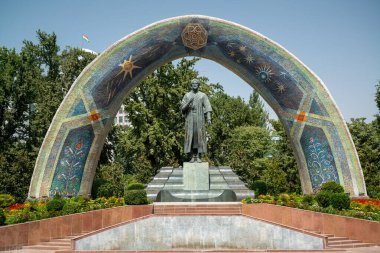 Dushanbe, Tajikistan, circa september 2019: Statue of the famous Persian poet Rudaki in Rudaki Park.