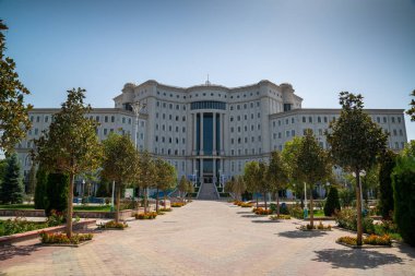 Dushanbe, Tajikistan, circa september 2019: The National library in Rudaki Park on a sunny day in Dushanbe, Tajikistan