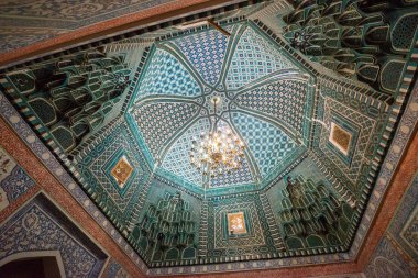Samarkand, Uzbekistan, circa september 2019: Interior of historical necropolis and mausoleums of Shakhi Zinda, Samarkand, Uzbekistan.